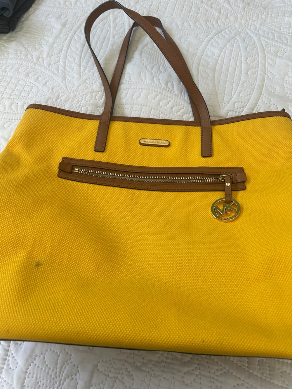Michael Kors Yellow Tote with Brown Trim and MK Charm